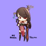  artist_name beidou_(genshin_impact) brown_hair character_name chibi eyepatch genshin_impact greatsword hand_on_hip holding holding_weapon long_hair purple_background red_eyes simple_background thigh-highs weapon yellyvi 