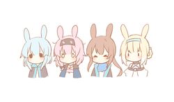  0_0 absurdres amiya_(arknights) animal_ears arknights bangs bare_shoulders black_cloak black_hairband black_jacket blonde_hair blue_hair blue_hairband blue_jacket blue_ribbon blush braid brown_hair chibi cloak cropped_torso goldenglow_(arknights) hair_between_eyes hair_ribbon hair_rings hairband highres jacket kemonomimi_mode lightning_bolt_print long_hair pink_hair ponytail print_hairband rabbit_ears ribbon rosmontis_(arknights) ryoku_sui shirt simple_background single_braid suzuran_(arknights) twin_braids upper_body very_long_hair white_background white_shirt 