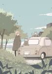  1girl absurdres black_eyes black_pantyhose blonde_hair blue_sky brown_coat car cat closed_mouth coat day east_sha2 expressionless ground_vehicle hands_in_pockets highres house long_hair long_sleeves looking_away motor_vehicle original outdoors pantyhose sky solo standing tree 