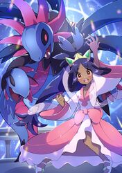  1girl :d absurdres arms_up bangs blush brown_eyes closed_eyes commentary_request dark-skinned_female dark_skin fence happy highres hydreigon iris_(pokemon) looking_at_viewer open_mouth pink_skirt pokemon pokemon_(creature) pokemon_(game) pokemon_bw2 pon_yui ponytail sandals shiny shiny_hair skirt smile teeth tiara toes tongue upper_teeth v-neck white_footwear white_skirt wide_sleeves 