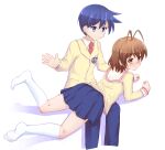  1boy 1girl antenna_hair blue_hair blue_skirt blush brown_eyes brown_hair clannad embarrassed furukawa_nagisa heart_pillow pleated_skirt school_uniform skirt smile spanking transparent_background white_socks winter_uniform yellow_jacket 