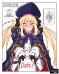  1girl artoria_caster_(fate) artoria_caster_(second_ascension)_(fate) artoria_pendragon_(fate) black_bow blonde_hair blue_capelet blue_headwear bow capelet english_text fate/grand_order fate_(series) green_eyes hair_bow introvert-kun long_hair twintails 