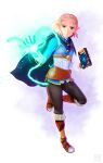  1girl artist_request belt blonde_hair blue_shirt book boots expressionless full_body green_eyes highres looking_at_viewer magic pants pointy_ears princess_zelda shirt short_hair simple_background solo the_legend_of_zelda the_legend_of_zelda:_breath_of_the_wild the_legend_of_zelda:_tears_of_the_kingdom white_background 