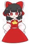  1girl ascot bare_shoulders black_hair bow collared_shirt detached_sleeves frilled_bow frilled_hair_tubes frilled_shirt_collar frills hair_bow hair_tubes hakurei_reimu highres midriff_peek op_na_yarou red_bow red_eyes red_shirt red_skirt ribbon-trimmed_sleeves ribbon_trim shirt short_hair sidelocks simple_background skirt sleeveless sleeveless_shirt smile solo touhou white_background white_sleeves wide_sleeves yellow_ascot 