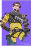  1boy animification apex_legends black_gloves black_hair black_scarf bodysuit border dated facial_hair fingerless_gloves gloves goatee goggles goggles_on_head hair_behind_ear hand_on_hip highres looking_up male_focus mirage_(apex_legends) mudu open_mouth outside_border plaid plaid_scarf purple_background scarf solo twitter_username white_border yellow_bodysuit 