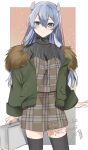  1girl black_thighhighs blue_eyes blush closed_mouth cowboy_shot dated fur-trimmed_jacket fur_trim green_jacket grey_hair hair_between_eyes headgear highres i-203_(kancolle) jacket kantai_collection long_hair long_sleeves looking_at_viewer one-hour_drawing_challenge open_clothes open_jacket plaid signature solo thigh-highs toriniku_senshi_chikinman twitter_username 