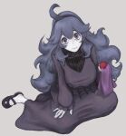  1girl @_@ absurdres ahoge bags_under_eyes bangs black_dress black_footwear black_hair commentary_request dress grey_background hair_between_eyes hairband hex_maniac_(pokemon) highres holding holding_poke_ball kana_hebi7 long_dress long_hair long_sleeves looking_at_viewer mary_janes messy_hair pale_skin poke_ball poke_ball_(basic) pokemon pokemon_(game) pokemon_xy purple_hairband ribbed_sweater shoes simple_background solo sweater turtleneck_dress very_long_hair violet_eyes 