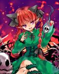  1girl :d animal_ears bow braid cat_ears dress extra_ears fingernails fire green_dress holding kaenbyou_rin long_fingernails nail_polish pointy_ears red_eyes red_nails redhead skull smile solo touhou tsukikusa twin_braids 