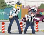  2girls alice_margatroid animal_ears arrest bangs belt belt_pouch black_belt black_footwear black_necktie blonde_hair blue_eyes blue_pants blush car clouds cloudy_sky collared_shirt commentary_request cookie_(touhou) day english_text fence fighting_stance full_body grass grey_hair ground_vehicle gun handgun hat holster holstered_weapon kofji_(cookie) long_sleeves motor_vehicle mouse_ears mouse_girl mouse_tail multiple_girls name_tag nazrin necktie open_mouth outdoors overcast pants peaked_cap police police_badge police_hat police_uniform policewoman pouch ready_to_draw red_eyes renpika shirt shoes short_hair sidewalk sky standing tail touhou triangle_mouth uniform walkie-talkie weapon web_(cookie) white_headwear white_shirt 