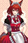  1girl alternate_costume animal_ears apron arknights blue_sealad bow enmaided flametail_(arknights) hands_on_hips highres maid maid_apron maid_headdress orange_eyes polka_dot polka_dot_background redhead squirrel_ears squirrel_tail tail wrist_cuffs 