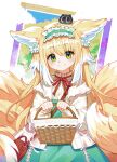 1girl animal_ears arknights bag bangs basket blonde_hair blue_hairband blue_skirt blush closed_mouth commentary_request crossover drd1 fox_ears fox_girl fox_tail frilled_hairband frills green_eyes hair_between_eyes hairband heixiu high-waist_skirt highres holding holding_basket jacket kitsune long_hair long_sleeves looking_at_viewer multicolored_hair neck_ribbon on_head open_clothes open_jacket puffy_long_sleeves puffy_sleeves red_ribbon ribbon shirt shoulder_bag skirt sleeves_past_wrists smile suzuran_(arknights) suzuran_(spring_praise)_(arknights) tail the_legend_of_luo_xiaohei two-tone_hair very_long_hair white_hair white_jacket white_shirt 