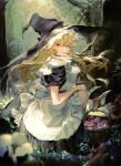 1girl bangs basket blonde_hair commentary_request curly_hair eyebrows_hidden_by_hair forest grass hair_between_eyes hat highres holding holding_basket kirisame_marisa long_hair looking_at_viewer looking_back nature solo squatting tian_(my_dear) touhou tree witch witch_hat yellow_eyes 