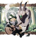  1boy :d animal_ears biditerian black_footwear black_gloves blonde_hair capelet closed_eyes copyright_name elbow_gloves fang forest gloves goat_horns green_headwear green_scarf grey_capelet guitar highres horns instrument music nature notari_shihoin outdoors pixiv_fantasia_scepter_of_zeraldia scarf short_hair singing sitting smile 
