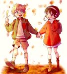  1boy 1girl aged_down autumn_leaves backpack bag bandaid bandaid_on_face bandaid_on_nose bangs black_hair blonde_hair blue_eyes blush boots brown_footwear coat falling_leaves female_child full_body green_jacket grey_shorts hairband hand_to_own_mouth highres holding_hands jacket leaf long_sleeves looking_at_another male_child open_mouth pleated_skirt pokianne red_coat red_eyes shirt short_hair short_hair_with_long_locks shorts sidelocks skirt smile spy_x_family twilight_(spy_x_family) upper_body walking white_hairband white_shirt white_skirt yor_briar 