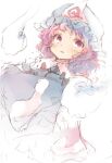  1girl bangs blue_dress blue_headwear blush capelet dress frilled_headwear ghost hat looking_at_viewer mob_cap open_mouth pink_hair red_eyes ripu_(lipi) saigyouji_yuyuko short_hair simple_background sketch solo touhou wavy_hair white_background white_capelet 
