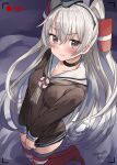  1girl amatsukaze_(kancolle) artist_name brown_dress brown_eyes clothes_pull commentary_request dated dress dress_pull garter_straps grey_hair grey_neckerchief hair_tubes hat highres kantai_collection lifebuoy_ornament long_hair looking_at_viewer mini_hat mizuta_kenji neckerchief one-hour_drawing_challenge recording red_thighhighs sailor_dress short_dress smokestack_hair_ornament solo striped striped_thighhighs thigh-highs two_side_up viewfinder 