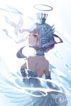  1girl aisuqinle armor backless_outfit black_clover blue_armor choker crown halo highres noelle_silva pink_eyes solo twintails valkyrie water water_drop wings 