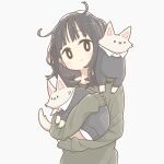  1girl animal black_eyes black_hair blush bright_pupils cat closed_mouth east_sha2 green_sweater highres holding holding_animal long_sleeves looking_at_viewer medium_hair messy_hair original simple_background sleeves_past_wrists smile solo sweater upper_body white_background white_pupils 