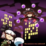  2girls :3 =_= black_bow black_cloak black_footwear bow bow_hairband brown_hair building chibi cloak clouds cloudy_sky commentary_request english_text floating ghost glasses green_skirt green_vest hairband hat hat_bow hitodama kashuu_(b-q) konpaku_youmu konpaku_youmu_(ghost) multiple_girls night occult_ball outdoors plaid plaid_skirt plaid_vest purple_skirt purple_vest runes shirt skirt sky touhou two-sided_cloak two-sided_fabric usami_sumireko vest white_bow white_hair white_shirt 