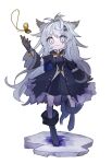  1girl aged_down animal_ears antenna_hair arknights black_coat black_dress black_footwear black_gloves boots chibi coat dress gloves grey_eyes grey_hair grey_pantyhose hand_up highres jewelry lappland_(arknights) lappland_(refined_horrormare)_(arknights) long_hair long_sleeves messy_hair mgmg_cc211 necklace official_alternate_costume open_clothes open_coat pantyhose scar scar_across_eye simple_background solo standing tail very_long_hair white_background wolf_ears wolf_girl wolf_tail 