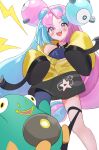 1girl absurdres asymmetrical_legwear bangs bare_shoulders bellibolt black_jacket blue_hair blush_stickers bow-shaped_hair character_hair_ornament grey_shirt hair_ornament hexagon_print higashigure highres iono_(pokemon) jacket light_blue_hair lightning_bolt_symbol long_sleeves magnemite mismatched_legwear multicolored_clothes multicolored_hair multicolored_jacket open_mouth oversized_clothes pink_eyes pink_hair pokemon pokemon_(creature) pokemon_(game) pokemon_sv sharp_teeth shirt simple_background sleeveless sleeveless_shirt sleeves_past_fingers sleeves_past_wrists solo split-color_hair teeth thigh_strap twintails two-tone_hair two-tone_jacket very_long_sleeves white_background x yellow_jacket