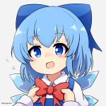  1girl 1other bangs blue_bow blue_eyes blue_hair bow bowtie cirno english_commentary ferdy&#039;s_lab flying_sweatdrops hair_bow ice ice_wings long_sleeves looking_at_viewer open_mouth red_bow red_bowtie short_hair simple_background solo_focus touhou twitter_username upper_body white_background wings 