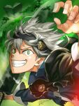  1boy absurdres asta_(black_clover) black_capelet black_clover book capelet green_eyes grey_hair grimoire highres holding holding_sword holding_weapon smile solo sword van_(yoroshigu) weapon 