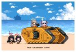  4girls azusa_(blue_archive) beach black_hair blue_archive blue_sky cannon chibi clouds commentary day english_commentary gun halo hifumi_(blue_archive) horizon land_raider long_hair machine_gun mashiro_(blue_archive) multiple_girls ocean one_eye_closed outdoors pixel_art red_eyes redforge sand sky swimsuit tsurugi_(blue_archive) warhammer_40k weapon 