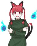  1girl animal_ears arms_under_breasts blue_fire bow braid cat_ears crossed_arms dress extra_ears fire green_dress hair_bow highres hitodama kaenbyou_rin kashiwada_kiiho long_sleeves looking_at_viewer nekomata open_mouth red_eyes redhead skull spirit touhou twin_braids 