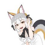  1girl animal_costume animal_ear_fluff animal_ears arm_belt breasts dress extra_ears fox_ears fox_girl fox_tail grey_hair highres island_fox_(kemono_friends) kemono_friends kemono_friends_v_project large_breasts long_hair looking_at_viewer multicolored_hair open_mouth orange_hair ribbon simple_background smile solo sundress tail tengt_e virtual_youtuber yellow_eyes 