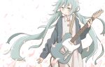  1girl absurdres blue_eyes blue_hair blush bright_pupils closed_mouth east_sha2 guitar hatsune_miku highres holding holding_instrument instrument long_hair long_sleeves looking_at_viewer low_twintails smile solo twintails vocaloid white_pupils 