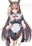  alternate_costume animal_ears apron blush brown_hair commentary_request enmaided garter_belt herohero_(higashi_no_dou) highres horse_ears horse_girl horse_tail lifted_by_self long_hair looking_at_viewer maid satono_diamond_(umamusume) simple_background smile tail thigh-highs umamusume white_background 