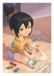 1girl black_hair blizzard_(company) blue_shorts bow brown_eyes cabinet child_drawing commentary company_name crayon drawing english_commentary fox green_socks hair_bow hair_ribbon highres holding holding_crayon indoors kiriko_(overwatch) medium_hair multicolored_clothes multicolored_legwear official_art overwatch overwatch_2 paper parted_lips ribbon shorts sitting socks solo topknot white_socks will_murai wooden_floor yellow_ribbon 