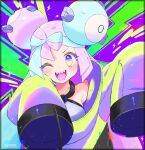 1girl aqua_hair ayuma_night character_hair_ornament hair_ornament highres iono_(pokemon) jacket long_sleeves looking_at_viewer multicolored_hair one_eye_closed open_mouth oversized_clothes pink_hair pokemon pokemon_(game) pokemon_sv sharp_teeth smile teeth twintails two-tone_hair upper_body