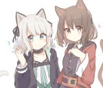 2girls alternate_hair_length alternate_hairstyle animal_ears arknights bangs black_choker black_necktie black_ribbon black_vest blue_eyes blush brown_eyes brown_hair cat_ears cat_girl cat_tail choker closed_mouth collarbone collared_shirt dress grey_hair hand_up highres jacket long_sleeves looking_at_viewer mint_(arknights) multiple_girls necktie red_jacket ribbon ryoku_sui shirt simple_background skyfire_(arknights) smile tail tail_raised vest white_background white_dress white_shirt wide_sleeves