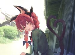  1girl :d absurdres animal_ears black_bow bloom bow braid bush cat_ears dress from_side green_dress hair_bow head_tilt highres kaenbyou_rin kiritanpo117 long_sleeves looking_at_viewer overexposure redhead smile solo touhou tree twin_braids 