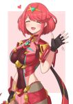  1girl absurdres bangs black_gloves blush breasts closed_eyes fingerless_gloves gloves heart highres large_breasts open_mouth pyra_(xenoblade) redhead ryochan96154 short_hair smile solo swept_bangs tiara watermark waving xenoblade_chronicles_(series) xenoblade_chronicles_2 