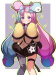  1girl absurdres bangs black_shorts blush border character_hair_ornament commentary_request efu_(ehutan) green_hair grey_background grey_pantyhose grin hair_ornament hands_up highres iono_(pokemon) jacket knees long_hair multicolored_hair pantyhose pink_hair pokemon pokemon_(game) pokemon_sv shorts single_leg_pantyhose sleeves_past_fingers sleeves_past_wrists smile solo teeth thigh_strap twintails two-tone_hair violet_eyes white_border yellow_jacket 
