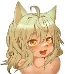  1girl ahoge animal_ears blush collarbone fang green_hair hawthorn looking_at_viewer open_mouth original simple_background solo tongue upper_body whiskers white_background yellow_eyes 