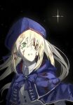  1girl absurdres artoria_caster_(fate) artoria_caster_(second_ascension)_(fate) artoria_pendragon_(fate) beret blonde_hair blood blood_on_clothes blood_on_face blue_cloak bow buttons cloak collared_shirt fate/grand_order fate_(series) green_eyes hair_bow hat highres long_hair long_sleeves night omame_korokor one_eye_closed ornament purple_bow shirt solo star_(sky) twintails white_shirt 