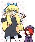  2girls ;d bangs black_dress blonde_hair blue_bow blue_eyes blush bow braid breasts cloak collared_dress commentary_request dress drill_hair hair_bow hair_over_one_eye hand_up heart heart_background highres holding holding_stylus hood hood_down hooded_cloak long_hair long_sleeves looking_at_viewer mage_helvetica multiple_girls muu_(mumumer) one_eye_closed pantyhose purple_cloak redhead simple_background single_braid small_breasts smile stylus sweat v-shaped_eyebrows v_over_eye very_long_hair white_background white_pantyhose yellow_eyes zakoeshi-chan zakoeshi-chan_nikki 