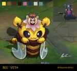  1girl :3 absurdres bangs bee_costume bel&#039;veth blonde_hair character_name crown english_commentary highres league_of_legends looking_at_viewer multiple_views short_hair signature smile standing thejenneralchen violet_eyes wings 