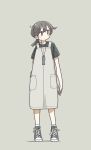  1girl black_eyes black_shirt blue_footwear bright_pupils brown_hair east_sha2 full_body highres jewelry looking_away looking_to_the_side necklace original shirt shoes short_hair short_ponytail short_sleeves simple_background sneakers solo white_pupils 