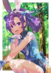  1girl :d animal_ears bangs black_shorts blue_bow blue_flower blue_vest blurry blurry_background bow commentary_request commission day depth_of_field fake_animal_ears feet_out_of_frame fir_(fire_emblem) fire_emblem fire_emblem:_the_binding_blade flower gloves hair_between_eyes hairband hand_up kou_hiyoyo parted_bangs ponytail purple_hair rabbit_ears shirt shorts skeb_commission smile socks solo squatting tree vest violet_eyes white_gloves white_hairband white_shirt white_socks 