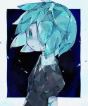  1other androgynous bangs black_necktie black_shirt crack cracked_skin crystal_hair gem_uniform_(houseki_no_kuni) green_eyes green_hair highres houseki_no_kuni looking_at_viewer necktie open_mouth phosphophyllite shirt short_hair short_sleeves solo soresaki translucent_hair upper_body 