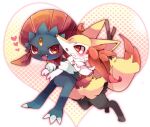 2girls :3 animal_ear_fluff animal_ears animal_feet animal_hands animal_nose black_fur blue_fur blush body_fur braixen claws fangs flat_chest forehead_jewel fox_ears fox_girl fox_tail full_body fur_collar furry furry_female hands_up happy heart heart_background hug hug_from_behind legs looking_at_another looking_back multicolored_fur multiple_girls multiple_tails open_mouth outline pink_outline pokemon pokemon_(creature) red_eyes shira_(sirairo116) sideways_mouth smile snout standing stick tail two_tails weavile white_fur yellow_background yellow_fur yellow_gemstone 