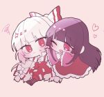  2girls bangs blunt_bangs bow chibi fujiwara_no_mokou hair_bow heart highres hime_cut houraisan_kaguya long_hair multiple_girls pants pink_background red_eyes shirt somei_ooo squiggle suspenders touhou very_long_hair 