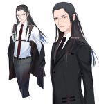  1boy bindi black_hair black_jacket black_necktie black_pants black_suit collared_shirt cowboy_shot final_fantasy final_fantasy_vii final_fantasy_vii_remake formal grey_eyes hair_slicked_back harness jacket jacket_partially_removed long_hair looking_at_viewer looking_to_the_side male_focus multiple_views necktie ocesui pants red_necktie shirt sideburns smile solo suit suit_jacket tseng twitter_username white_background white_shirt 