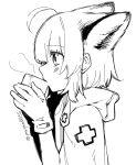  1girl ahoge animal_ears arknights commentary cup drinking extra_ears fox_ears from_side gloves greyscale highres holding holding_cup hood hood_down hooded_jacket jacket monochrome mug profile short_hair simple_background sketch solo sussurro_(arknights) upper_body white_background yom_(ymayma00ss) 