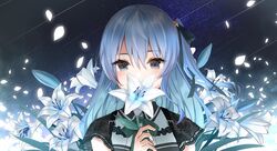  1girl bangs black_ribbon blue_eyes blue_hair collared_shirt covered_mouth covering_mouth facing_viewer falling_petals flower glowing_petals hair_between_eyes hair_ribbon holding holding_flower hololive hoshimachi_suisei long_hair looking_at_viewer mikan_(xalka) night night_sky petals ribbon shirt short_sleeves sky solo star_(sky) upper_body virtual_youtuber white_flower 